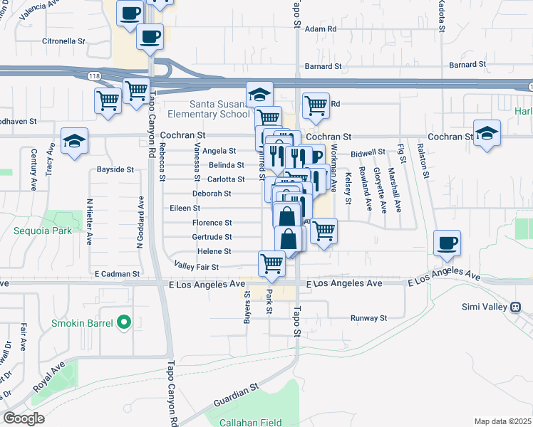 map of restaurants, bars, coffee shops, grocery stores, and more near 4275 Florence Street in Simi Valley