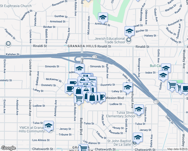 map of restaurants, bars, coffee shops, grocery stores, and more near 16865 McKeever Street in Los Angeles