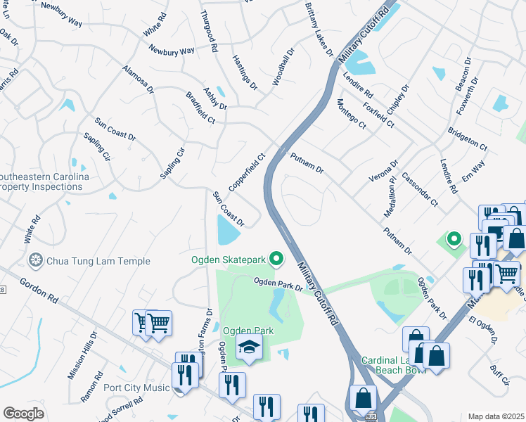 map of restaurants, bars, coffee shops, grocery stores, and more near 5560 Sun Coast Drive in Wilmington