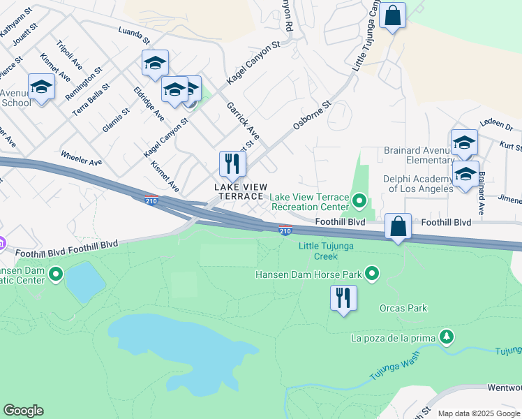 map of restaurants, bars, coffee shops, grocery stores, and more near 11300 Foothill Boulevard in Los Angeles