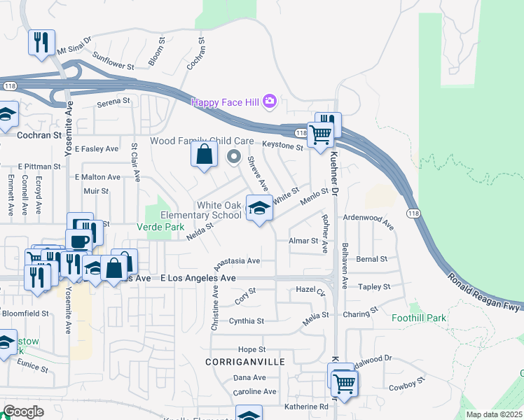 map of restaurants, bars, coffee shops, grocery stores, and more near 2201 Alscot Avenue in Simi Valley