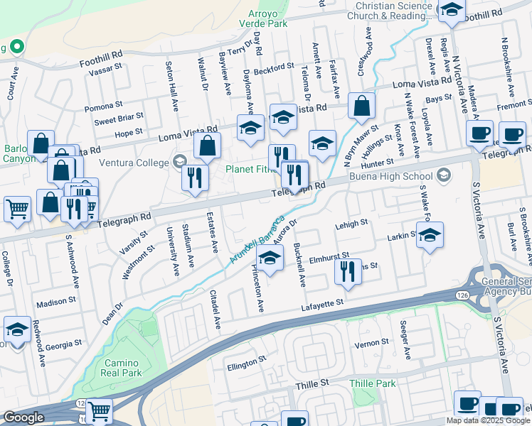 map of restaurants, bars, coffee shops, grocery stores, and more near 4964 Telegraph Road in Ventura