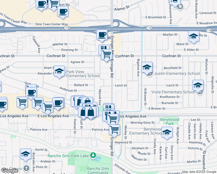 map of restaurants, bars, coffee shops, grocery stores, and more near 1882 Larch Street in Simi Valley