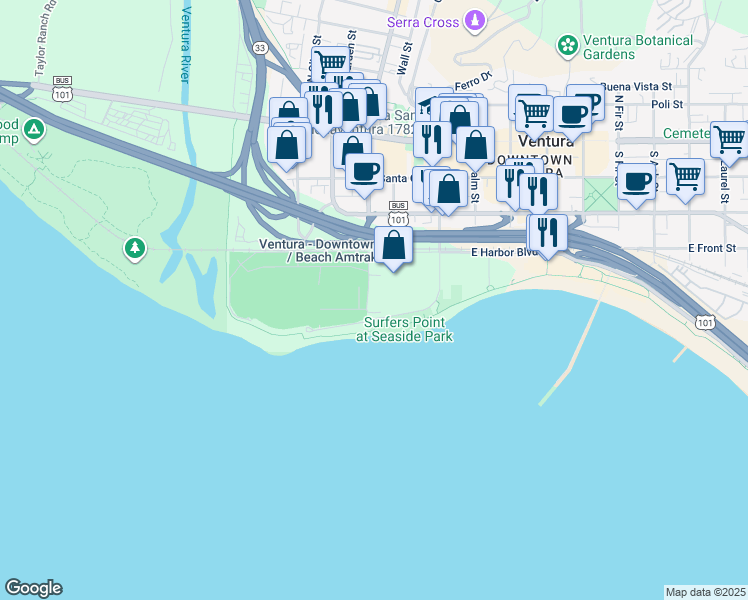 map of restaurants, bars, coffee shops, grocery stores, and more near 10 West Harbor Boulevard in Ventura