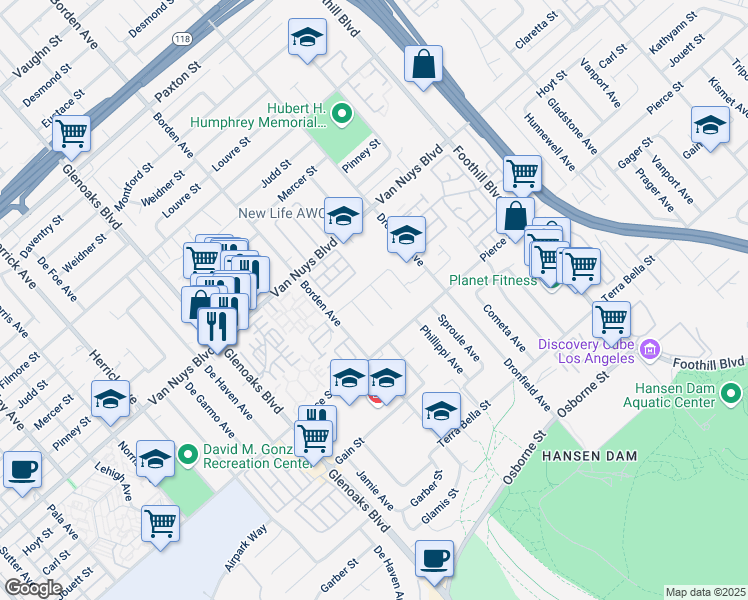 map of restaurants, bars, coffee shops, grocery stores, and more near 11268 Chivers Avenue in Los Angeles