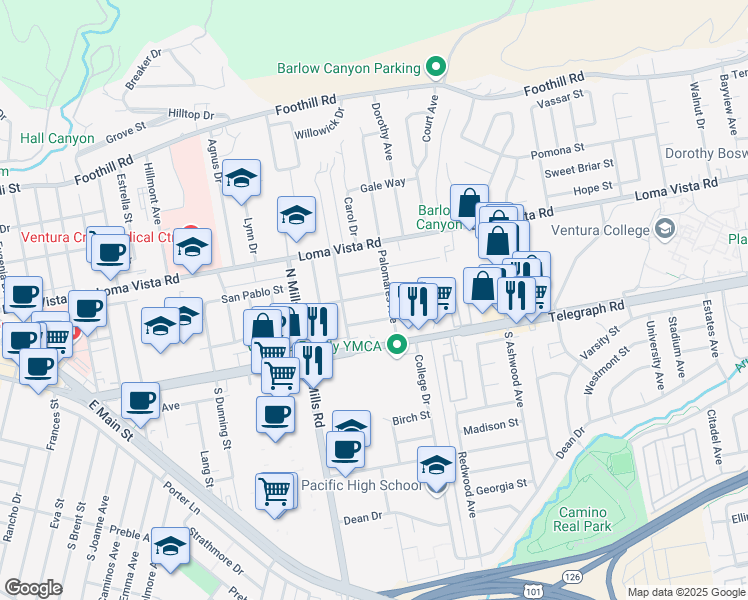 map of restaurants, bars, coffee shops, grocery stores, and more near 3750 Mound Avenue in Ventura