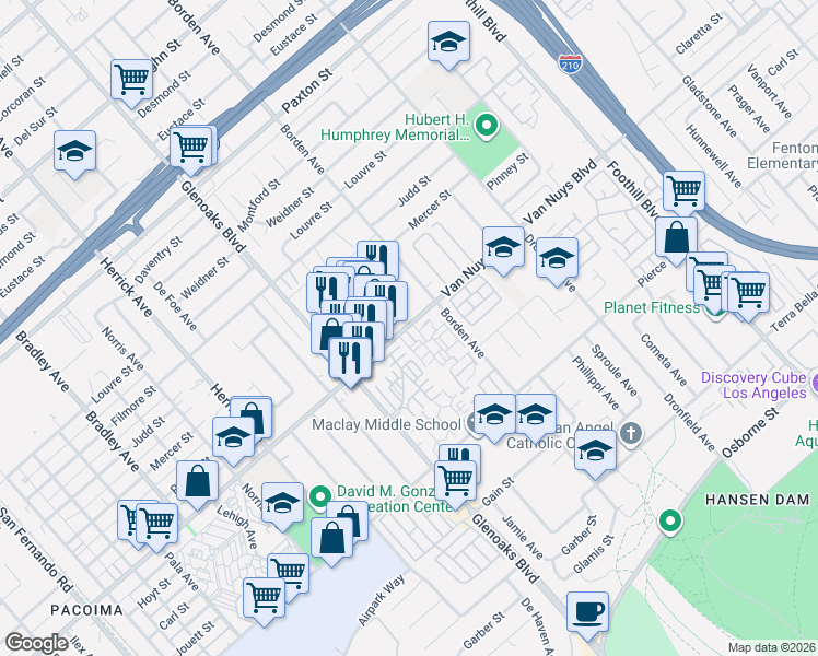 map of restaurants, bars, coffee shops, grocery stores, and more near 20 Van Nuys Boulevard in Los Angeles