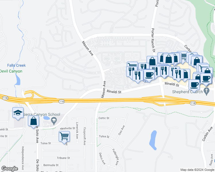map of restaurants, bars, coffee shops, grocery stores, and more near 20433 Paseo Cresta in Los Angeles