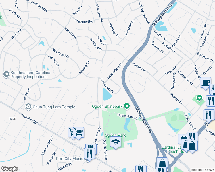 map of restaurants, bars, coffee shops, grocery stores, and more near 5509 Sun Coast Drive in Wilmington