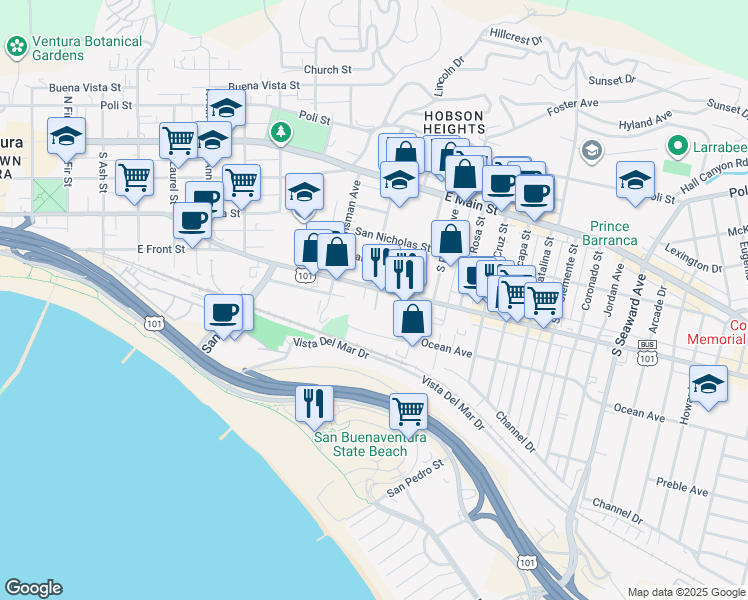 map of restaurants, bars, coffee shops, grocery stores, and more near 1612 East Thompson Boulevard in Ventura