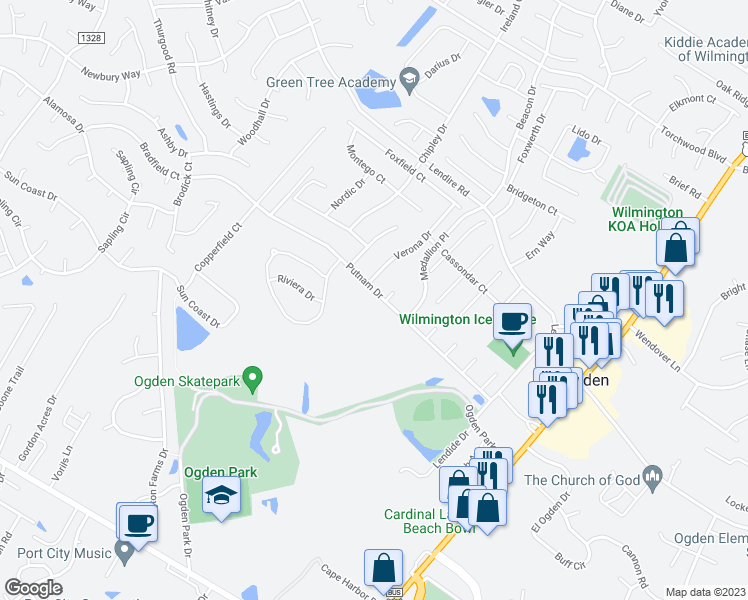 map of restaurants, bars, coffee shops, grocery stores, and more near 327 Putnam Drive in Wilmington