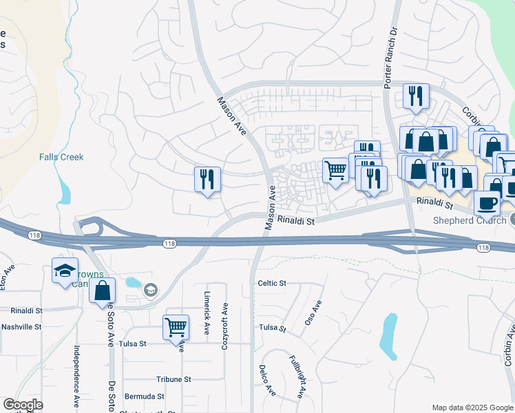 map of restaurants, bars, coffee shops, grocery stores, and more near 20516 Pesaro Way in Los Angeles