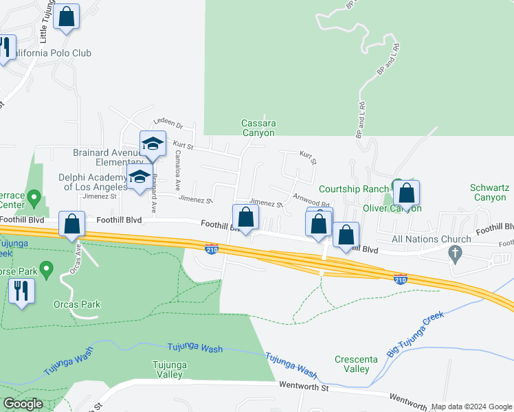map of restaurants, bars, coffee shops, grocery stores, and more near 10428 Jimenez Street in Los Angeles