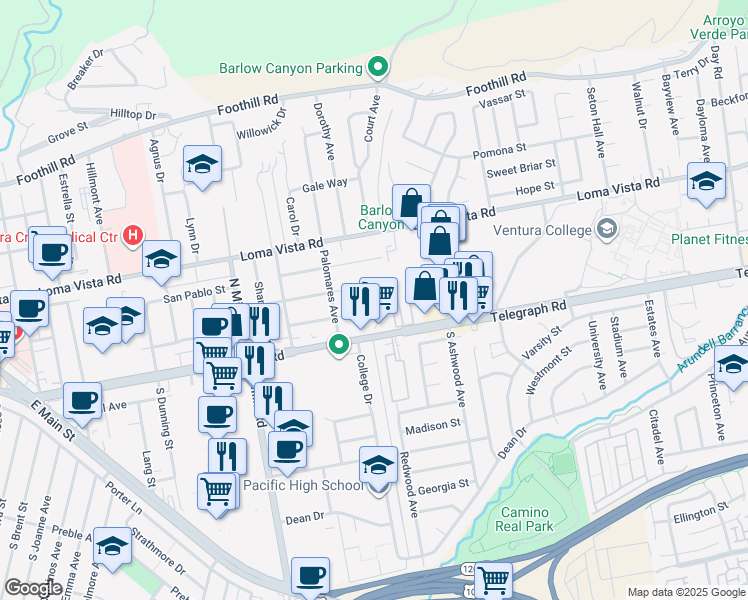map of restaurants, bars, coffee shops, grocery stores, and more near 3901 Sheldon Drive in Ventura