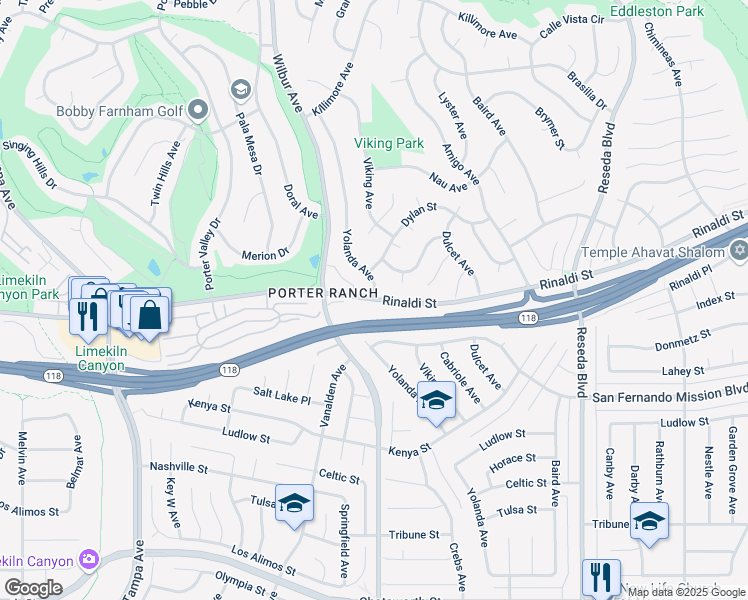 map of restaurants, bars, coffee shops, grocery stores, and more near Rinaldi St & Yolanda Ave in Los Angeles