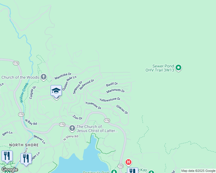 map of restaurants, bars, coffee shops, grocery stores, and more near 28935 Banff Drive in Lake Arrowhead