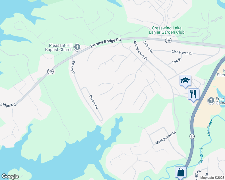 map of restaurants, bars, coffee shops, grocery stores, and more near 4017 Cranberry Lane in Gainesville