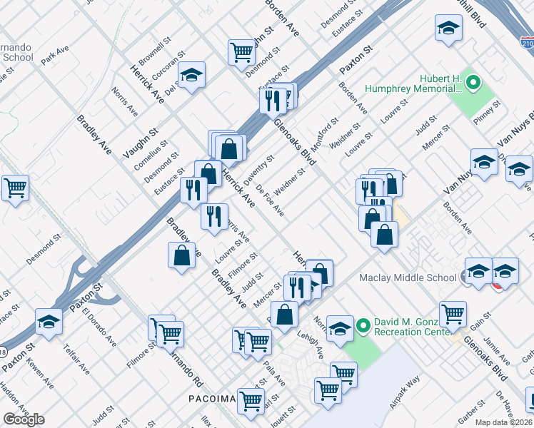 map of restaurants, bars, coffee shops, grocery stores, and more near 11276 Herrick Avenue in Los Angeles