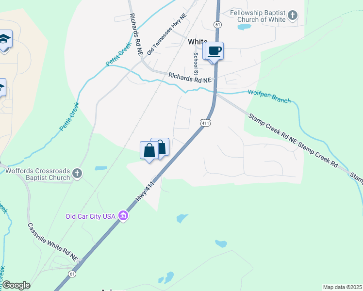 map of restaurants, bars, coffee shops, grocery stores, and more near 101 Whispering Pine Lane Northeast in White