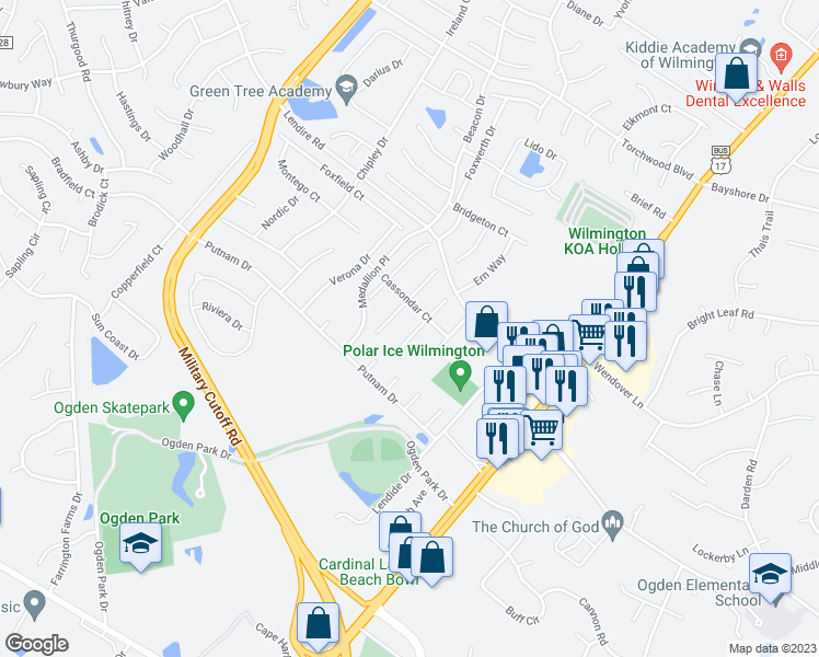 map of restaurants, bars, coffee shops, grocery stores, and more near 7215 Morley Court in Wilmington