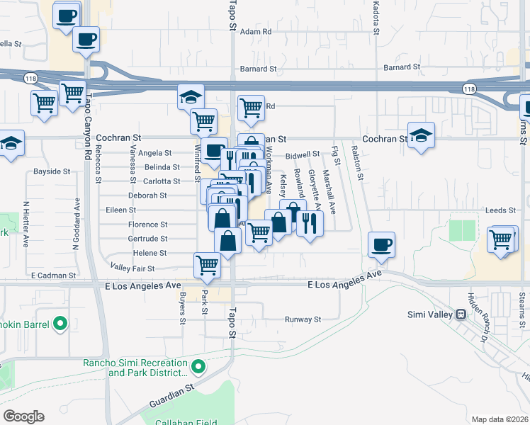 map of restaurants, bars, coffee shops, grocery stores, and more near 2249 Workman Avenue in Simi Valley