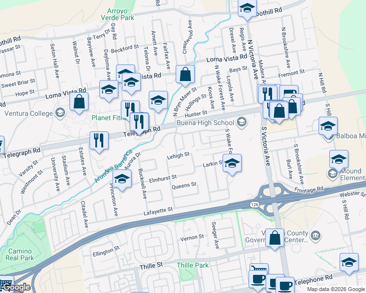 map of restaurants, bars, coffee shops, grocery stores, and more near 138 South Bryn Mawr Street in Ventura