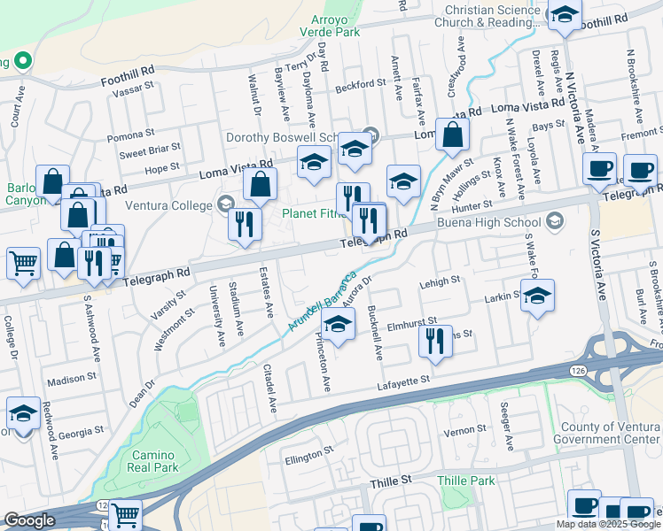 map of restaurants, bars, coffee shops, grocery stores, and more near 4964 Telegraph Road in Ventura