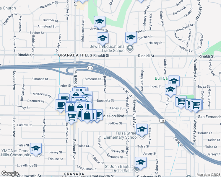 map of restaurants, bars, coffee shops, grocery stores, and more near 16738 Index Street in Los Angeles