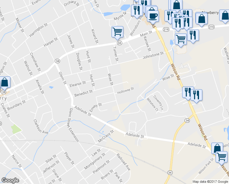 map of restaurants, bars, coffee shops, grocery stores, and more near 700 Wise Street in Newberry
