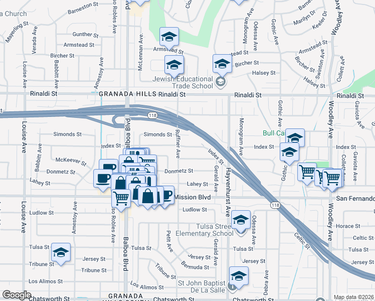 map of restaurants, bars, coffee shops, grocery stores, and more near 16738 Index Street in Los Angeles