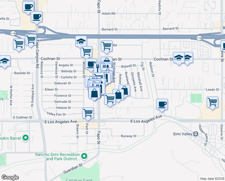 map of restaurants, bars, coffee shops, grocery stores, and more near 2249 Workman Avenue in Simi Valley