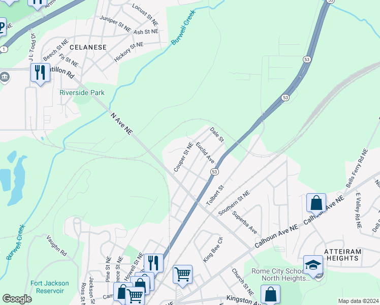 map of restaurants, bars, coffee shops, grocery stores, and more near 311 Reynolds Street Northeast in Rome