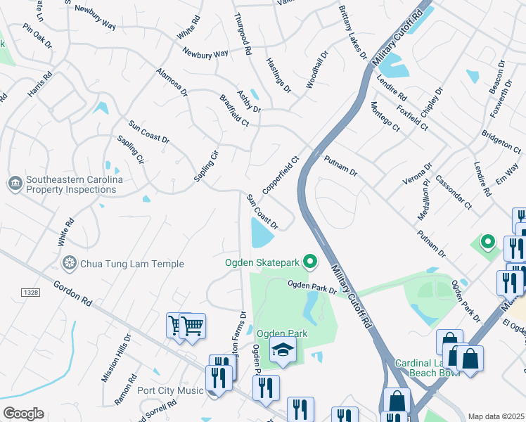 map of restaurants, bars, coffee shops, grocery stores, and more near 5509 Sun Coast Drive in Wilmington