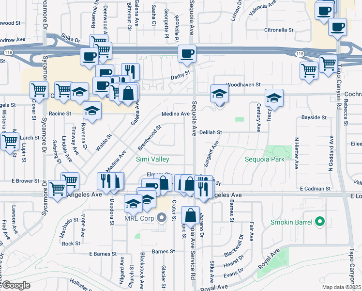 map of restaurants, bars, coffee shops, grocery stores, and more near 2191 Hilldale Avenue in Simi Valley