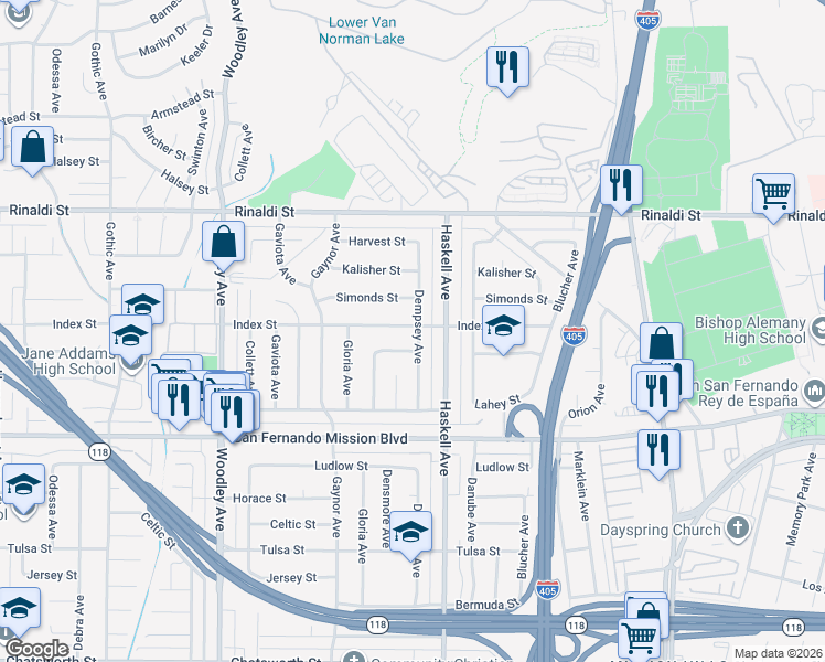 map of restaurants, bars, coffee shops, grocery stores, and more near 11255 Dempsey Avenue in Los Angeles