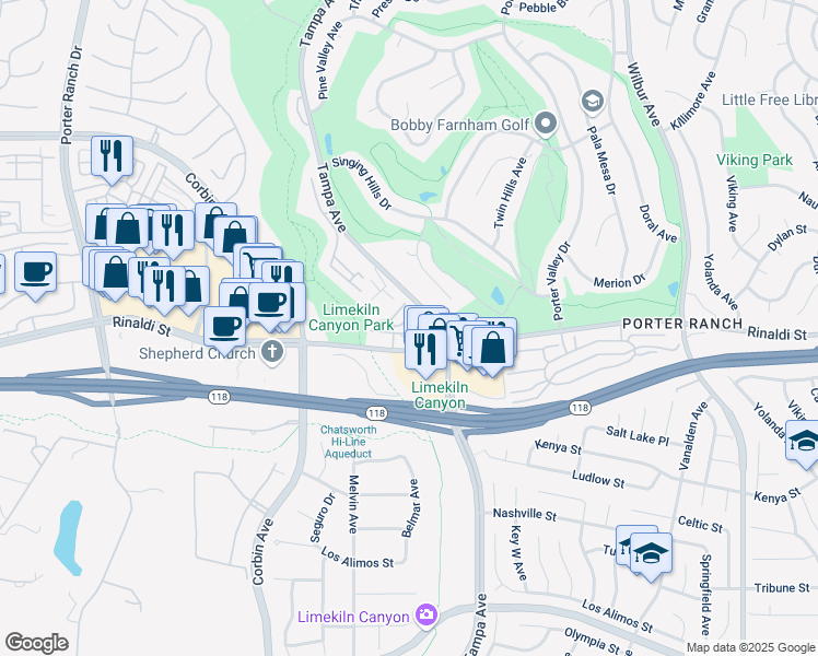 map of restaurants, bars, coffee shops, grocery stores, and more near 19519 Rinaldi Street in Los Angeles