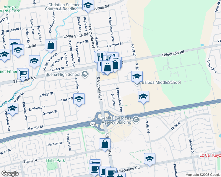 map of restaurants, bars, coffee shops, grocery stores, and more near 6019 Cloverly Street in Ventura