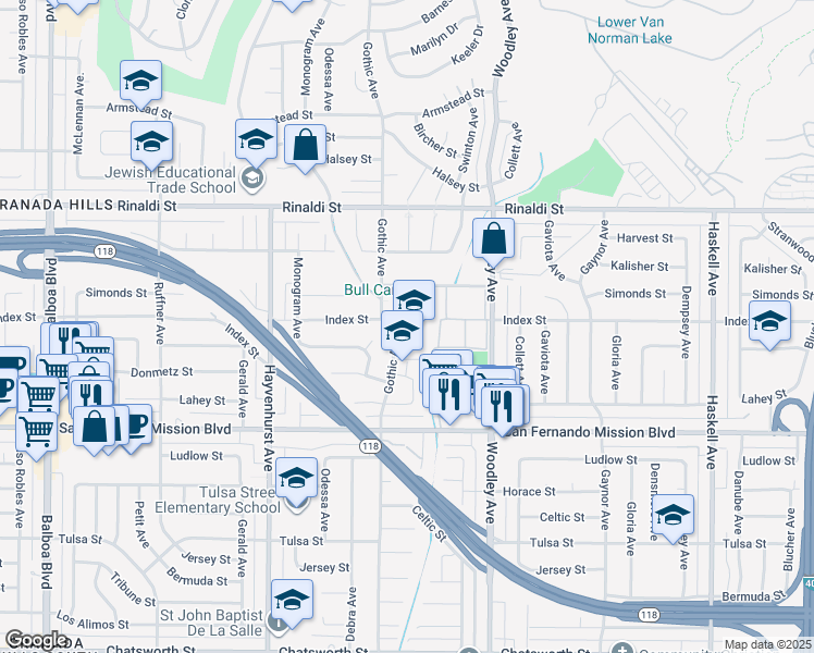 map of restaurants, bars, coffee shops, grocery stores, and more near 11254 Gothic Avenue in Los Angeles