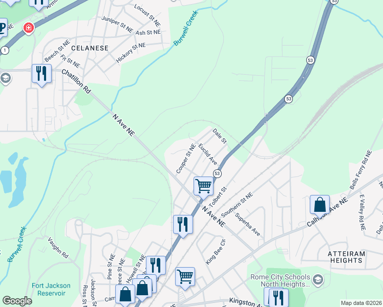 map of restaurants, bars, coffee shops, grocery stores, and more near 311 Reynolds Street Northeast in Rome