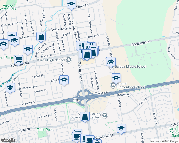 map of restaurants, bars, coffee shops, grocery stores, and more near 6019 Cloverly Street in Ventura