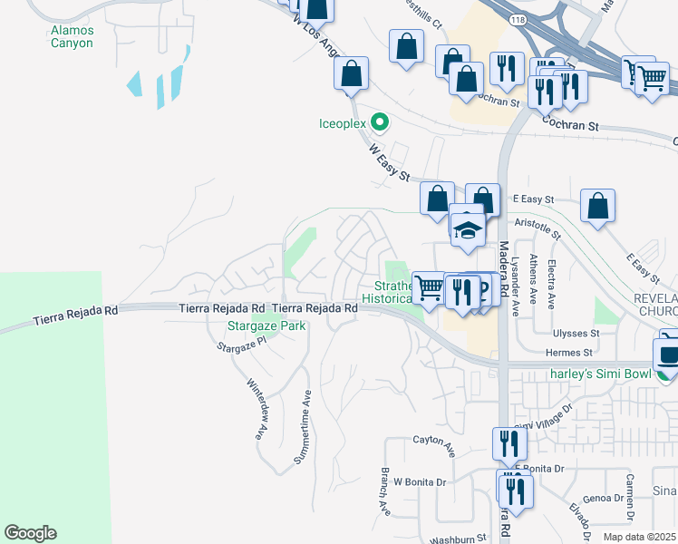 map of restaurants, bars, coffee shops, grocery stores, and more near 195 Tierra Rejada Road in Simi Valley