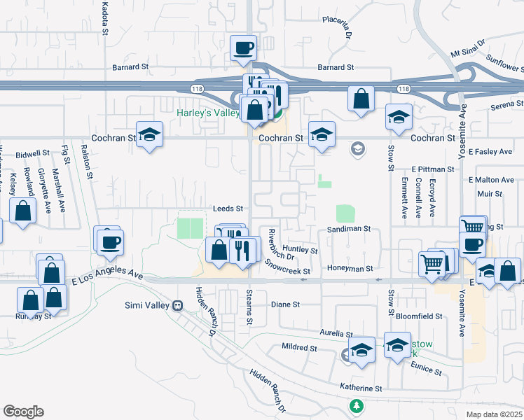 map of restaurants, bars, coffee shops, grocery stores, and more near 5262 Rainwood Street in Simi Valley