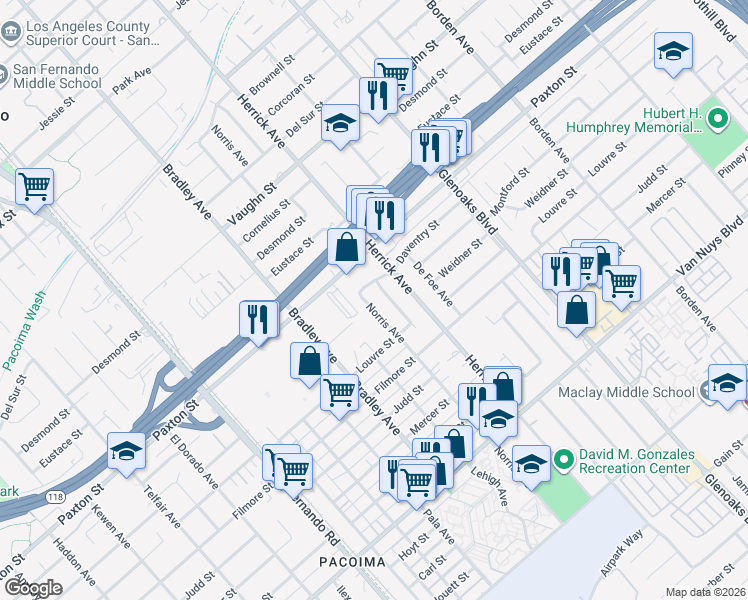 map of restaurants, bars, coffee shops, grocery stores, and more near 11278 Norris Avenue in Los Angeles
