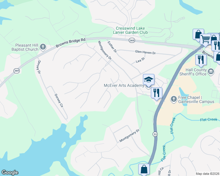 map of restaurants, bars, coffee shops, grocery stores, and more near 3733 Cresswind Parkway Southwest in Gainesville
