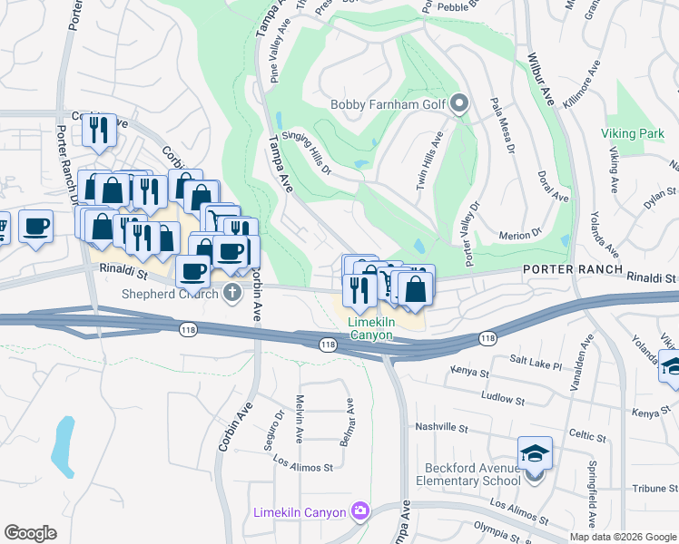 map of restaurants, bars, coffee shops, grocery stores, and more near 19509 Rinaldi Street in Los Angeles