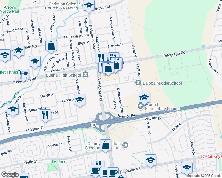map of restaurants, bars, coffee shops, grocery stores, and more near 6019 Cloverly Street in Ventura