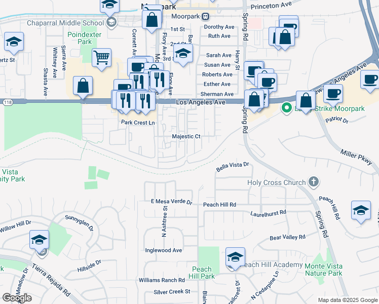 map of restaurants, bars, coffee shops, grocery stores, and more near 4704 Millard Street in Moorpark