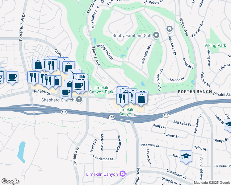 map of restaurants, bars, coffee shops, grocery stores, and more near 19519 Rinaldi Street in Los Angeles