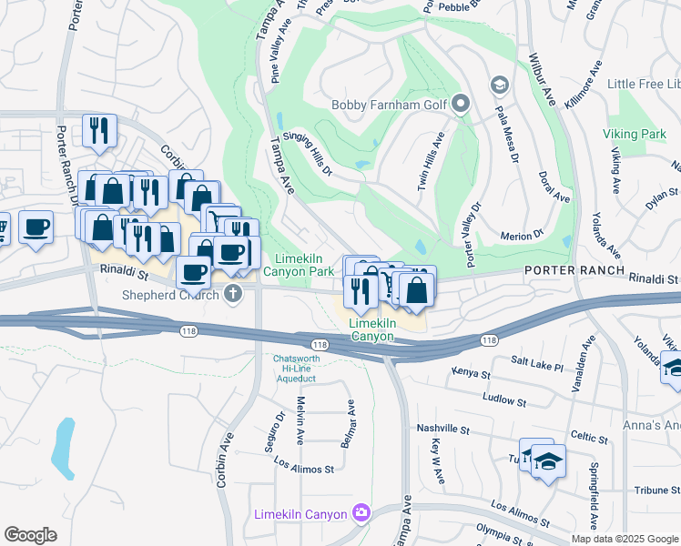 map of restaurants, bars, coffee shops, grocery stores, and more near 19501 Rinaldi Street in Los Angeles