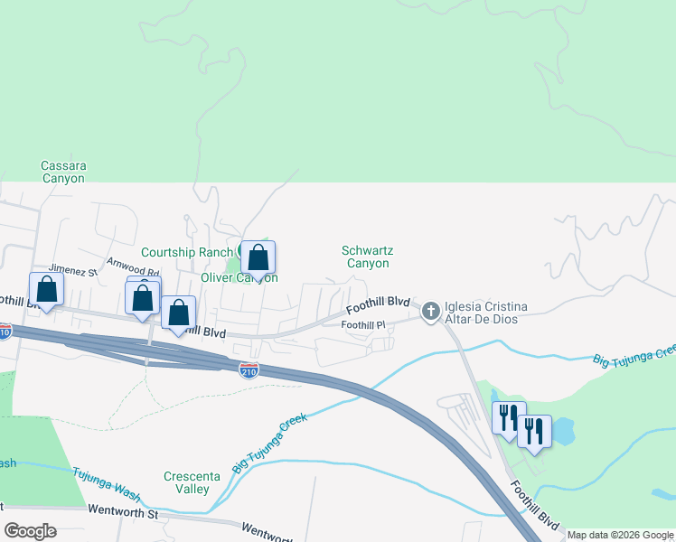 map of restaurants, bars, coffee shops, grocery stores, and more near 9971 Foothill Boulevard in Los Angeles
